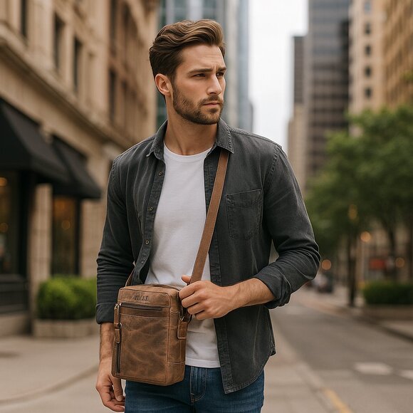 Leather Crossbody Sling Bag in Brown Hunter–Unisex Shoulder Bag Travel Daily Use - Picture 3 of 11